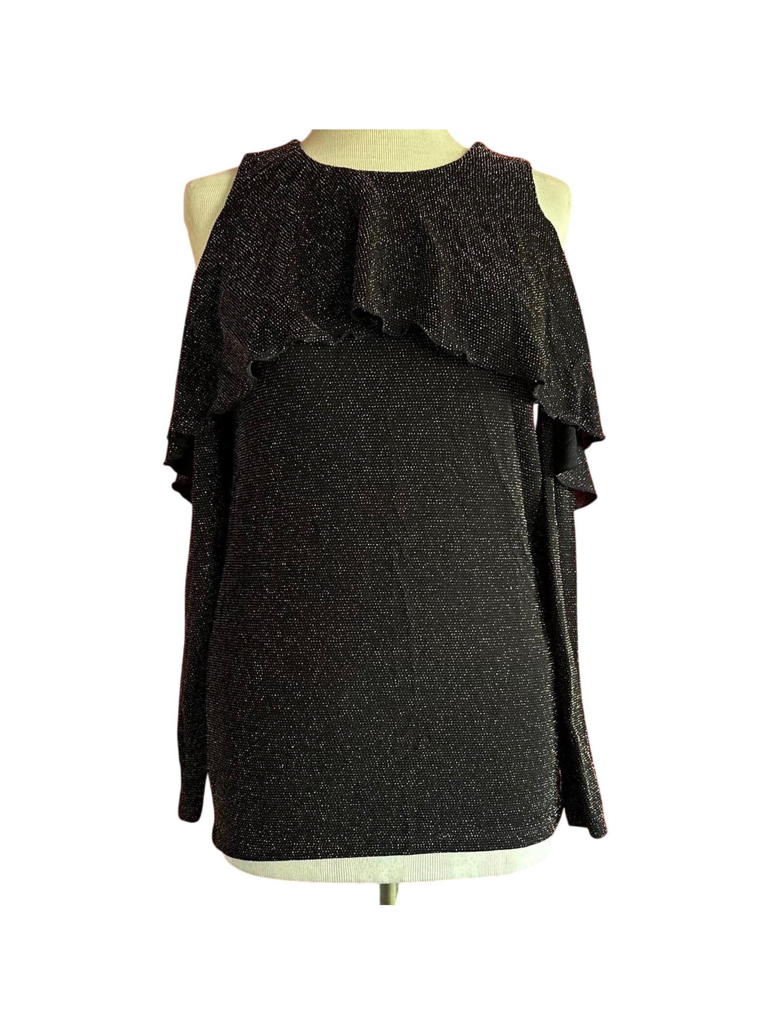 Womens Top Size Small Black Gold Details Open Shoulder Ruffle Detail Glam Party